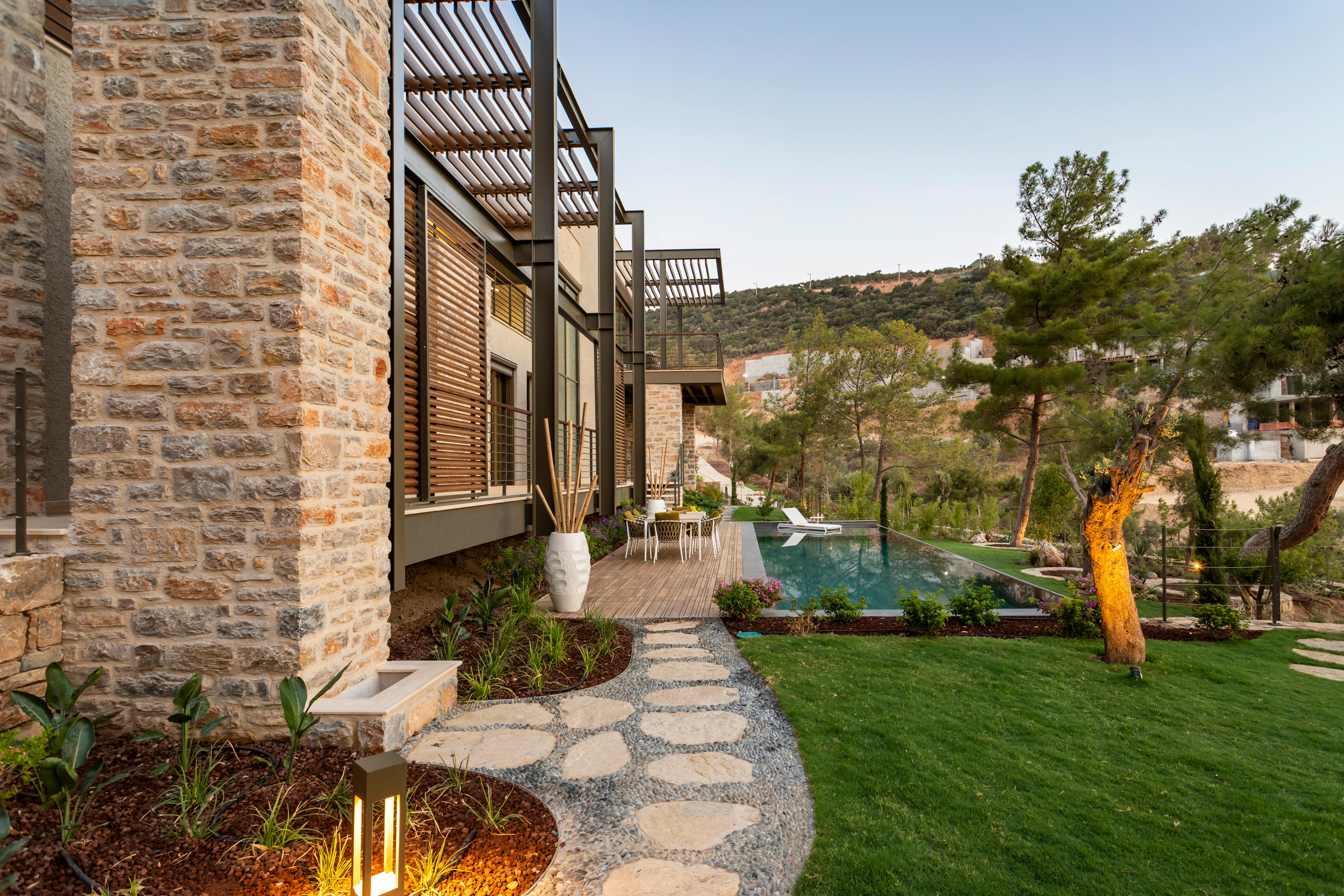 Denver hardscaping patio with Denver County skyline view