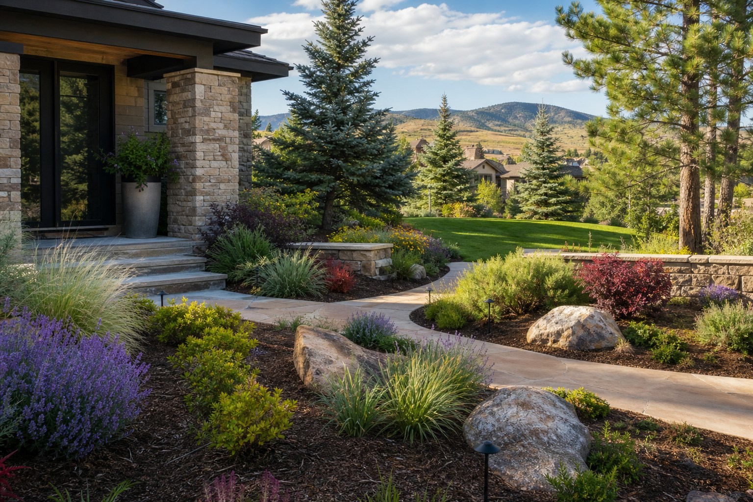 Designed residential garden with water-wise beds and blue spruce in Denver, Colorado