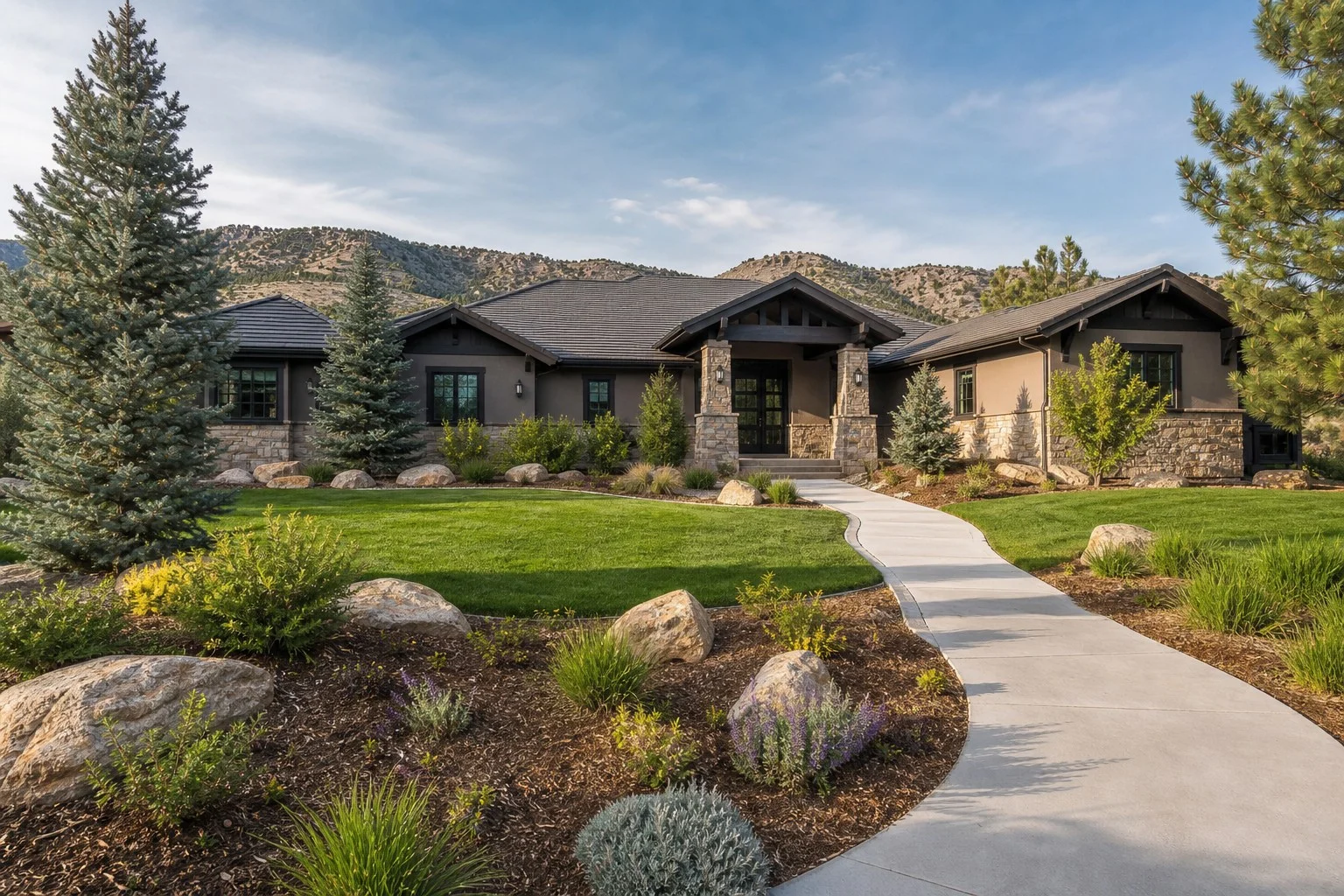Xeriscaped Front Range front yard with blue spruce and curb appeal at a Denver, Colorado home