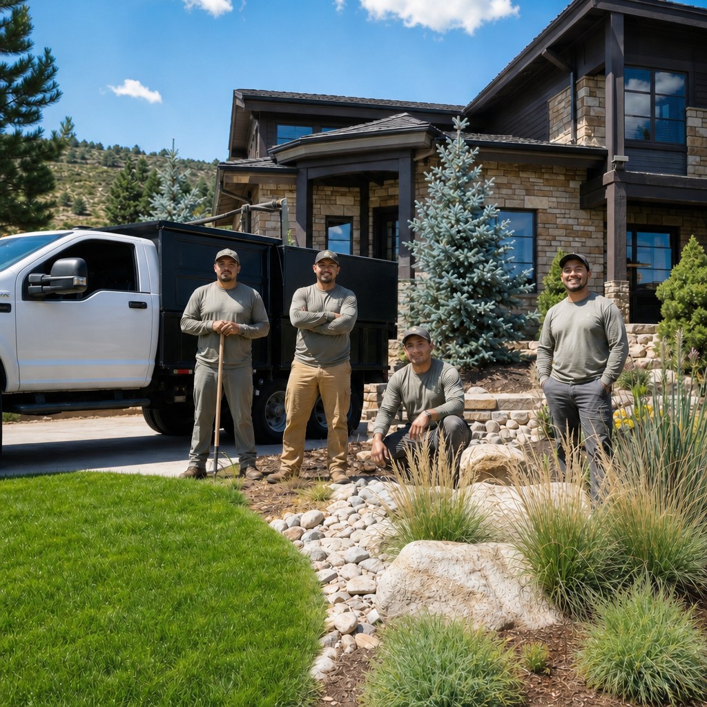 Denver landscaping team and work truck at a residential property in Denver, Colorado