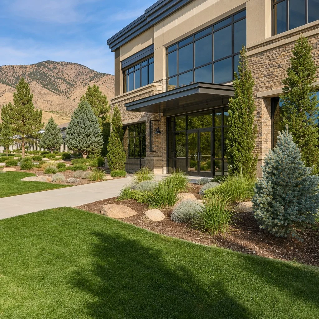 Commercial office building with maintained Front Range landscaping in Denver, Colorado