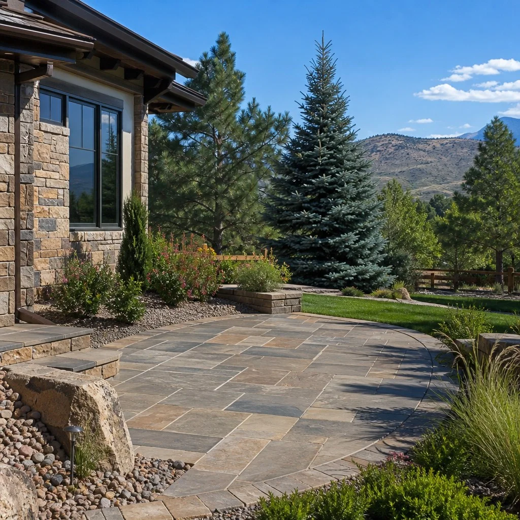 Paver patio with water-wise plantings in a Denver, Colorado backyard