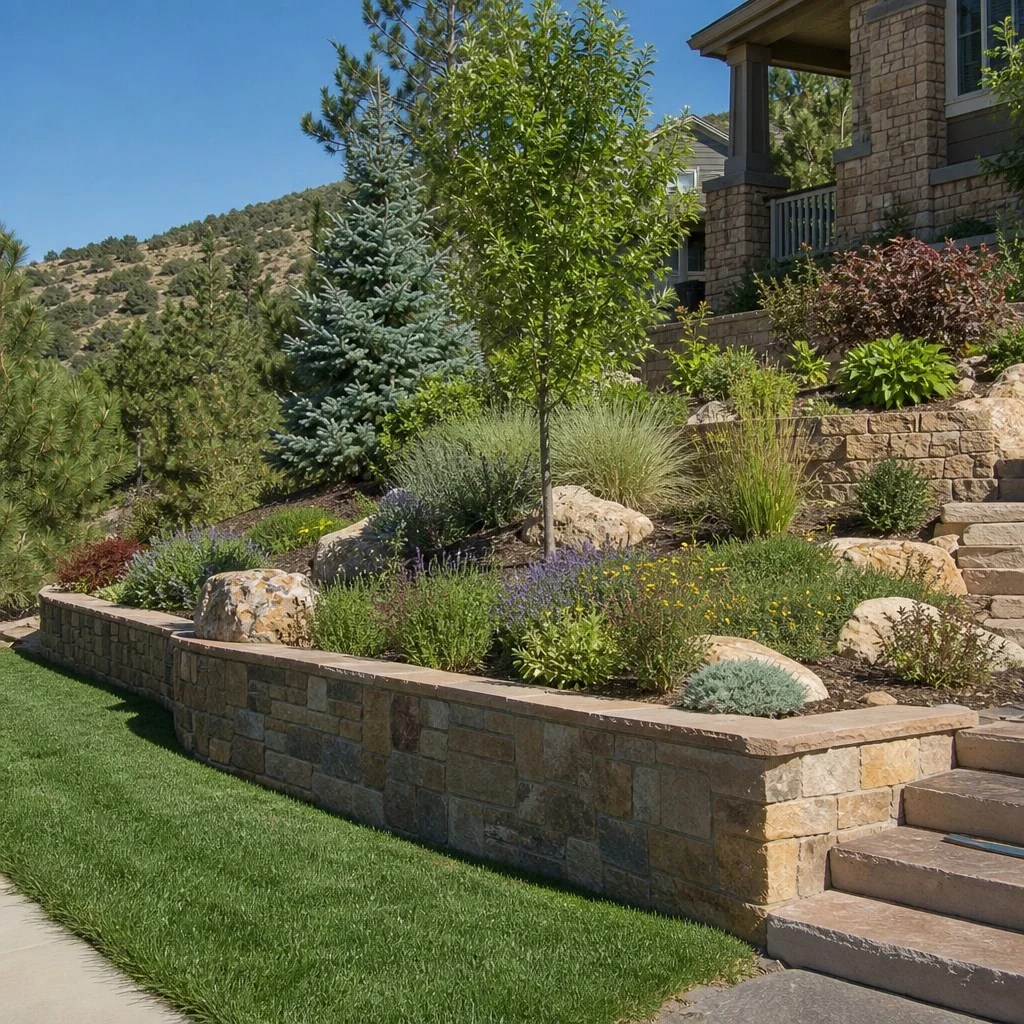 Natural stone retaining and seat wall with xeric beds in Denver, Colorado