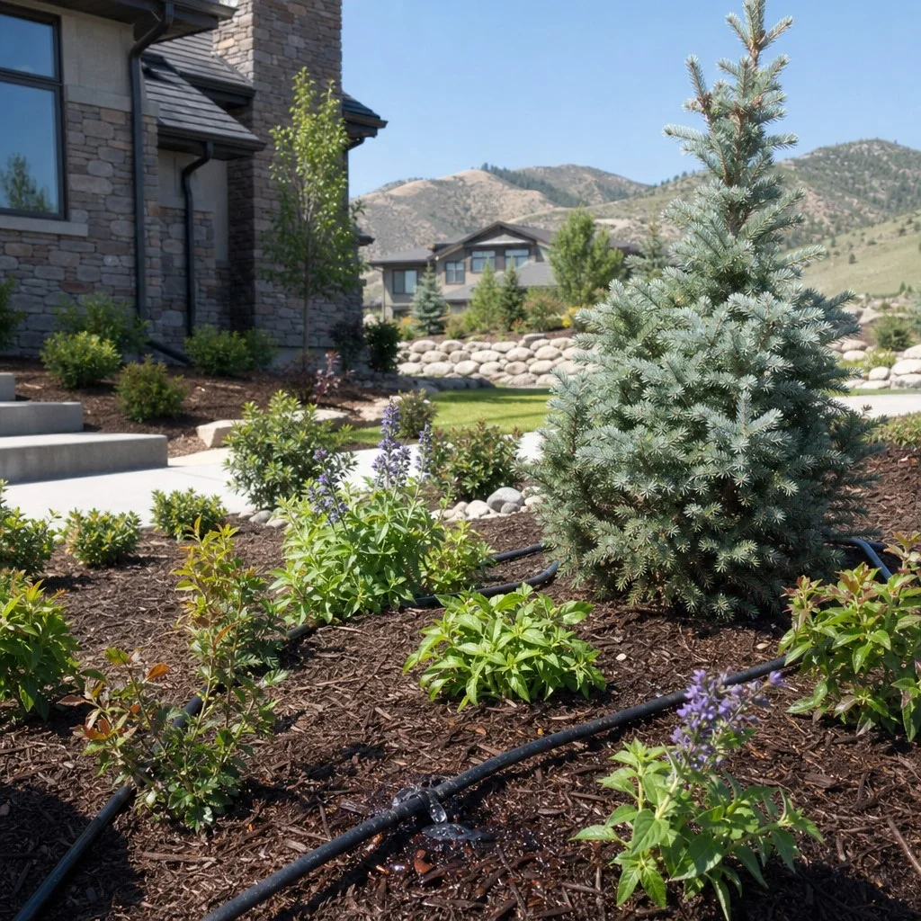 Drip irrigation tubing and emitters in a planting bed in Denver, Colorado