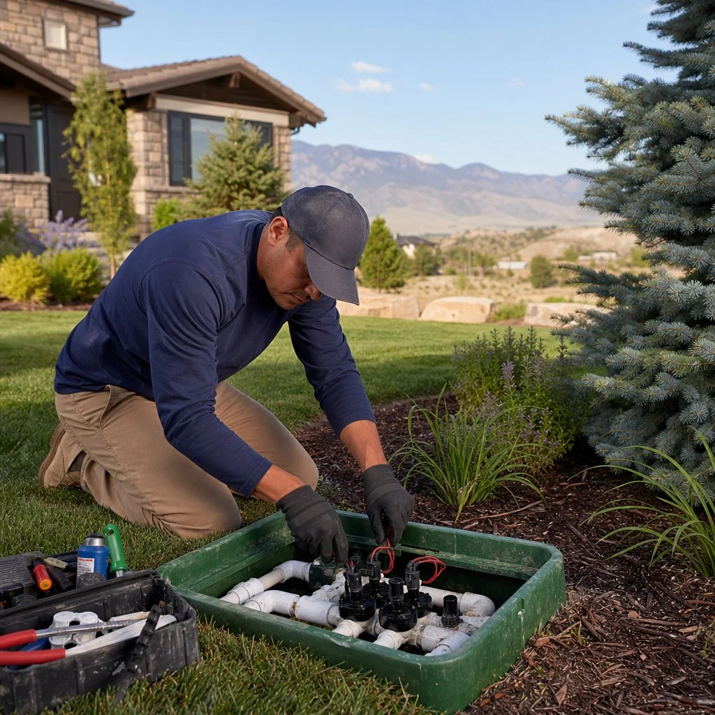 Technician repairing an irrigation valve box in a Denver, Colorado yard