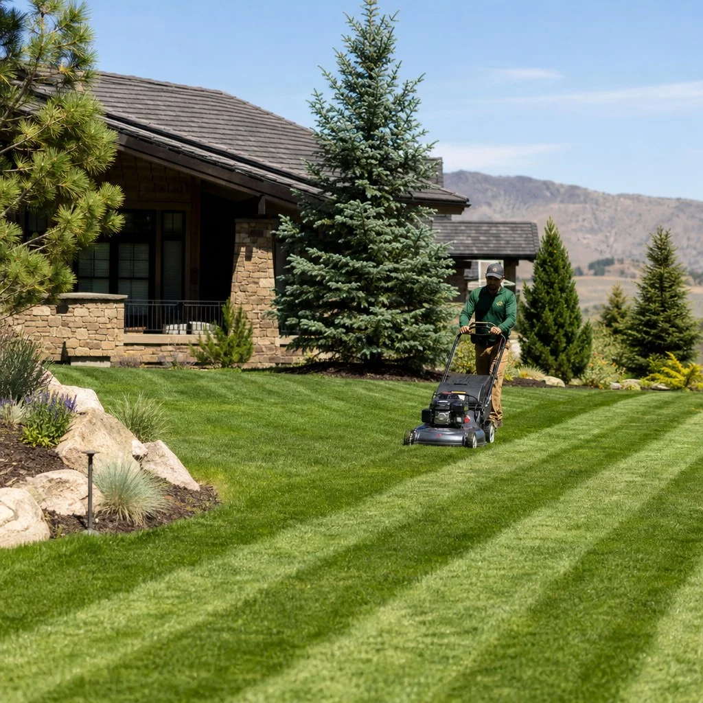 Lawn mowing and maintenance in a Denver, Colorado neighborhood