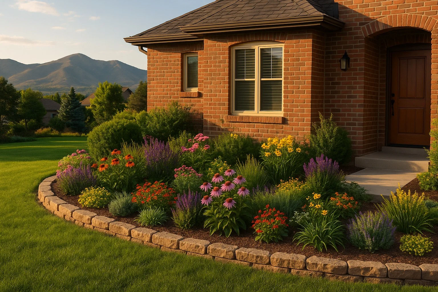 Landscaped front entry with perennial beds at a Parker, Douglas County home
